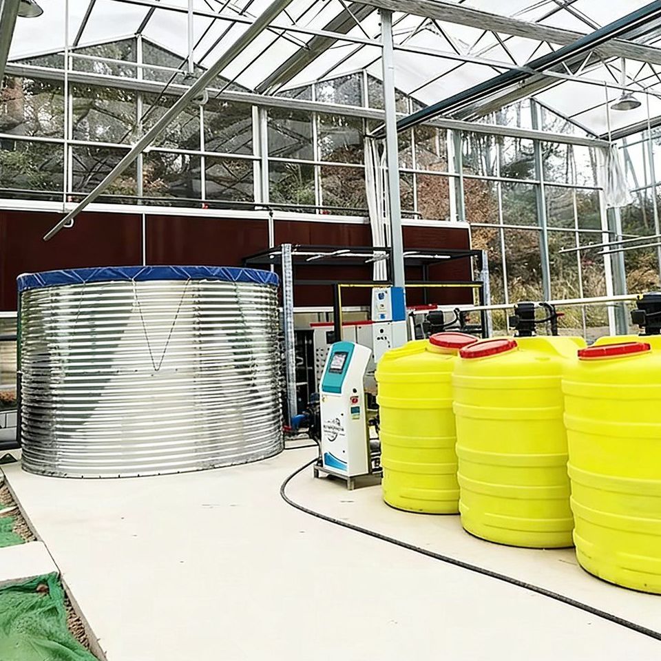 Nutrient tanks and dosing equipment for a hydroponic greenhouse system