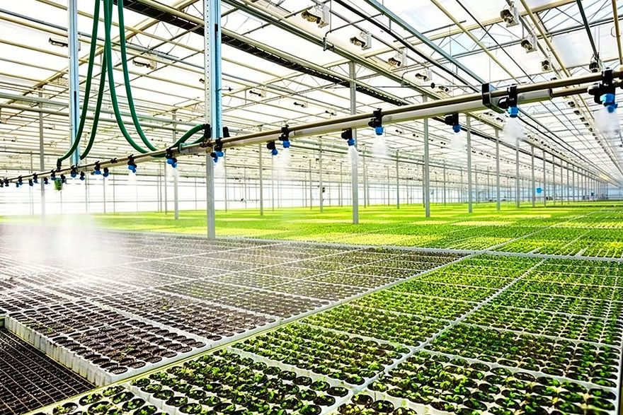 Seedling beds running the length of a covered film greenhouse