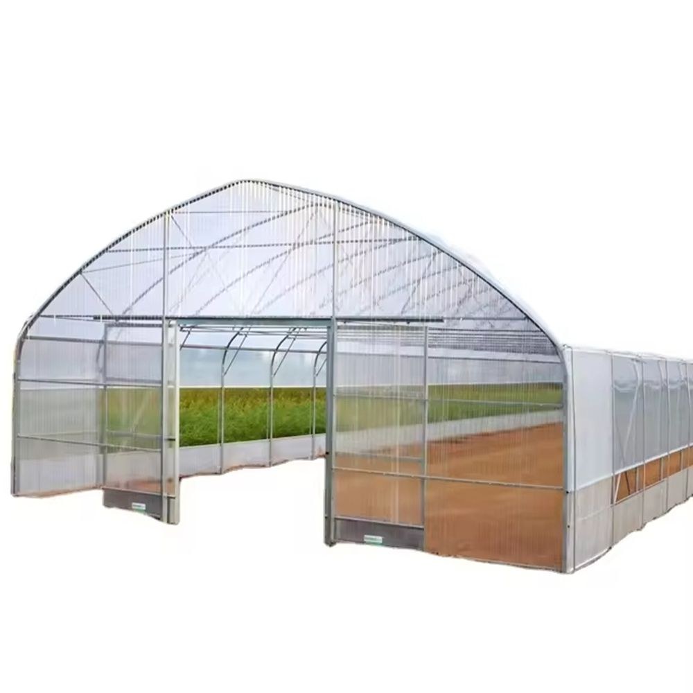 Arched greenhouse frame with the cover fitted, seen from the side