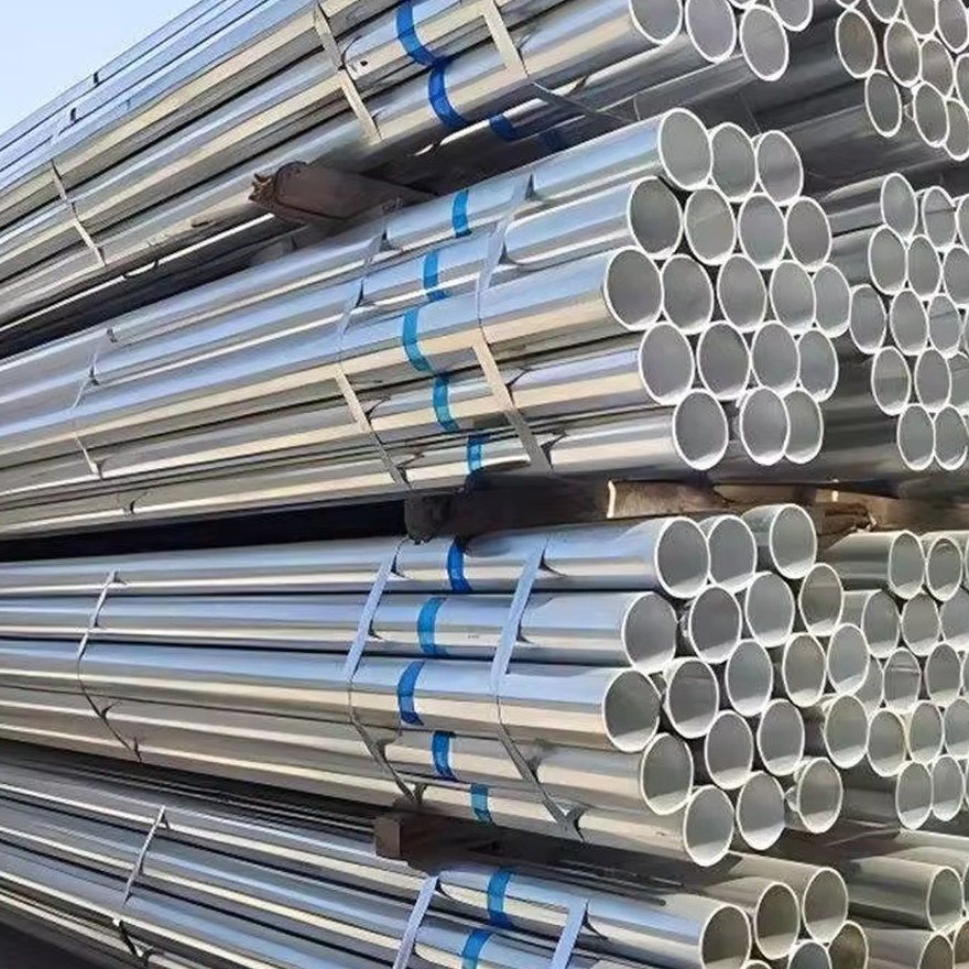 Square galvanized pipes banded in bundles with blue straps