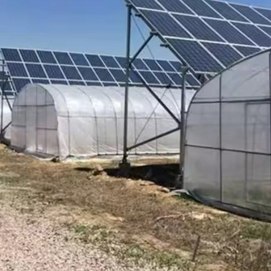 Film tunnels standing beside a glass greenhouse with rooftop panels