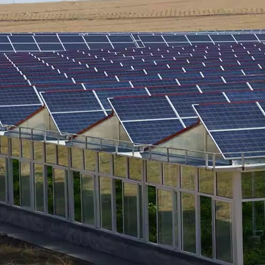 Front view of a glass greenhouse with solar panels fixed above the roof
