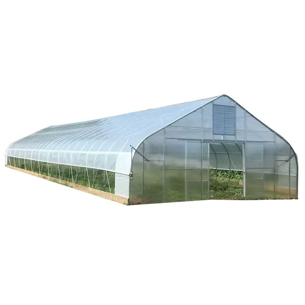 Gothic arch film greenhouse shown against a plain background