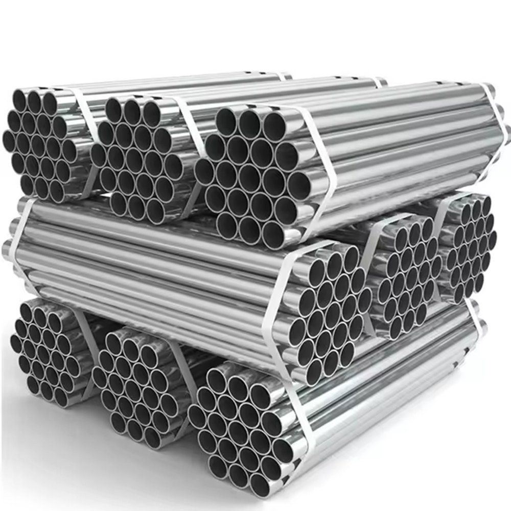 Stacked bundles of galvanized steel tube on a pallet