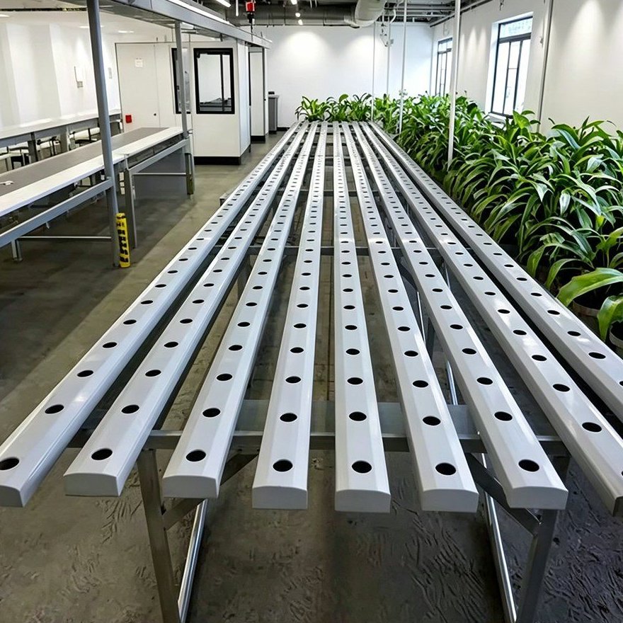 Rows of hydroponic channels under a greenhouse frame
