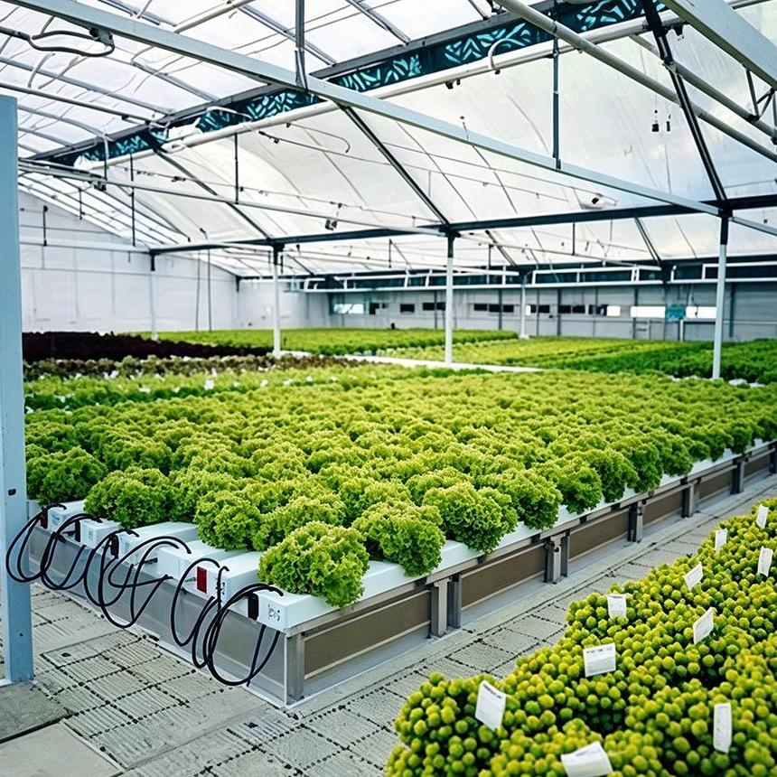 Leafy crop rows in a greenhouse fitted with hydroponic channels