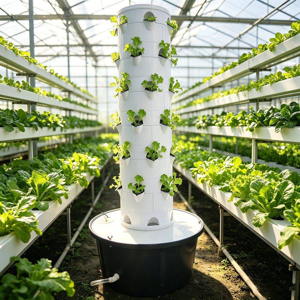 Hydroponic grow tower close up with seedlings set into the planting ports