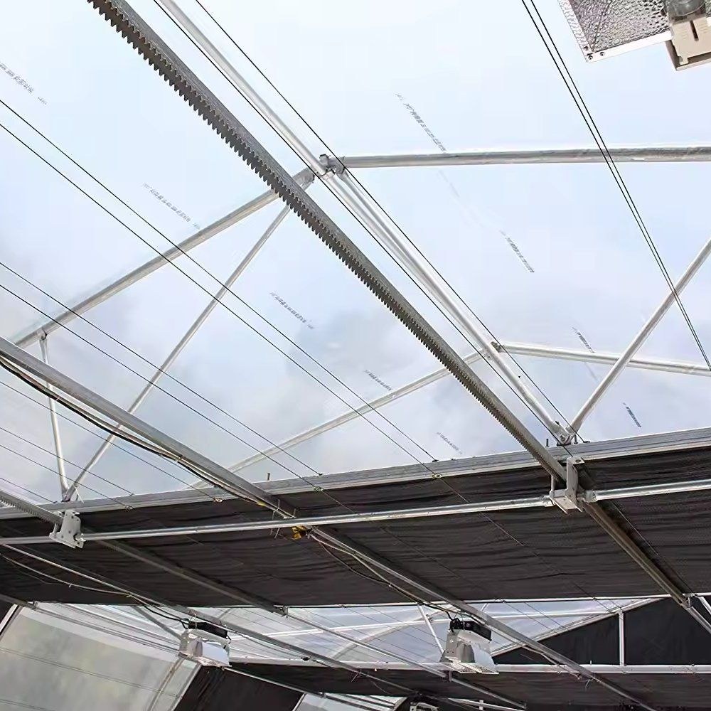 Blackout curtain drawn under the film roof of the greenhouse with lamps below it