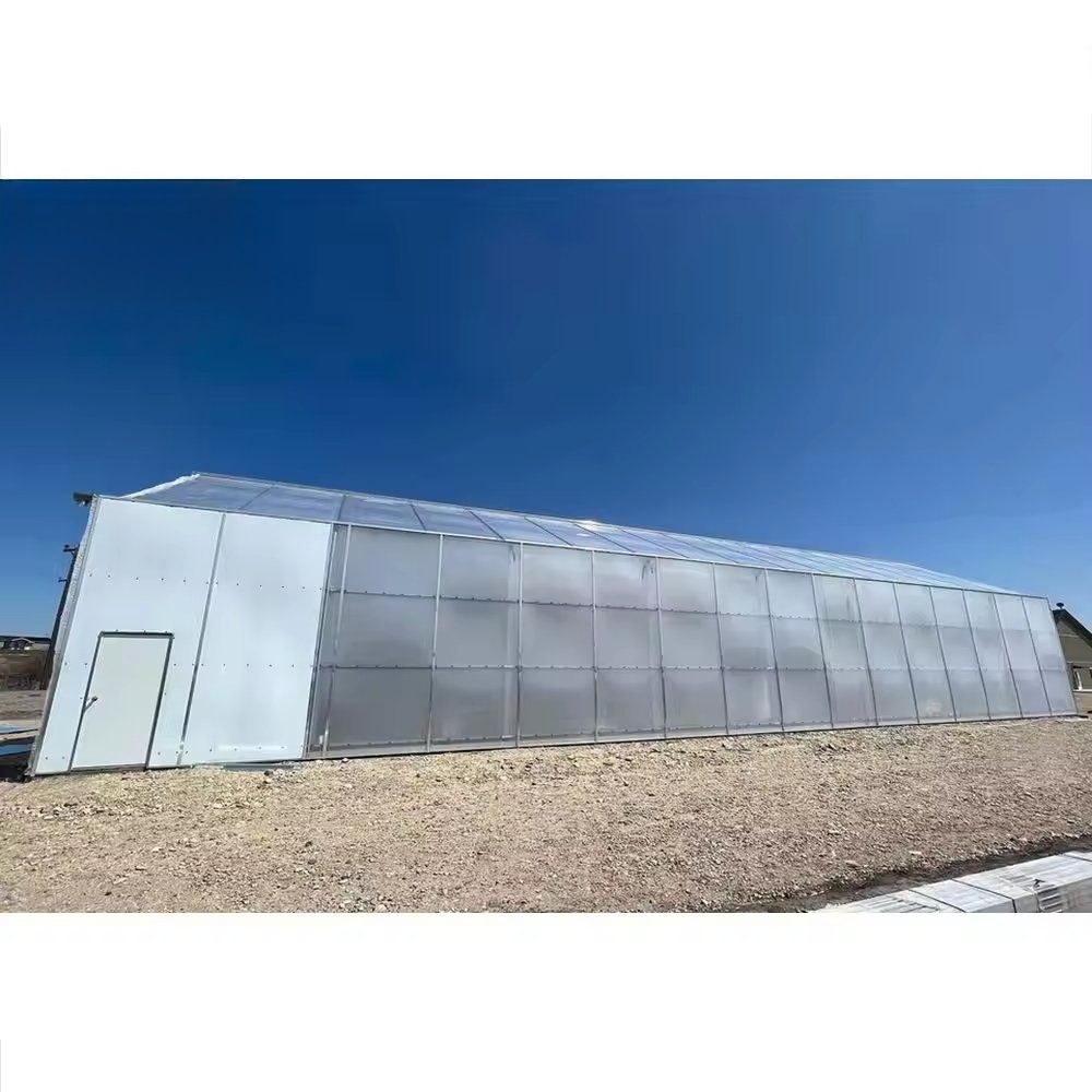 Side view of the long greenhouse with PC sheet walls