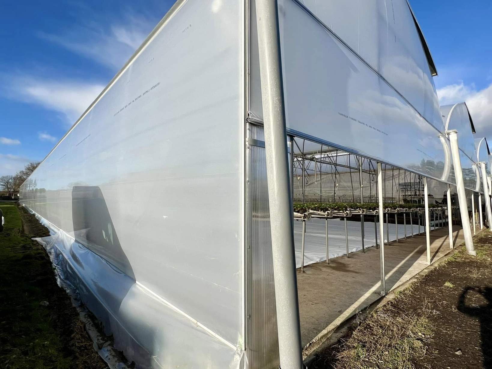PE film side wall of the greenhouse with the film tucked into the base rail