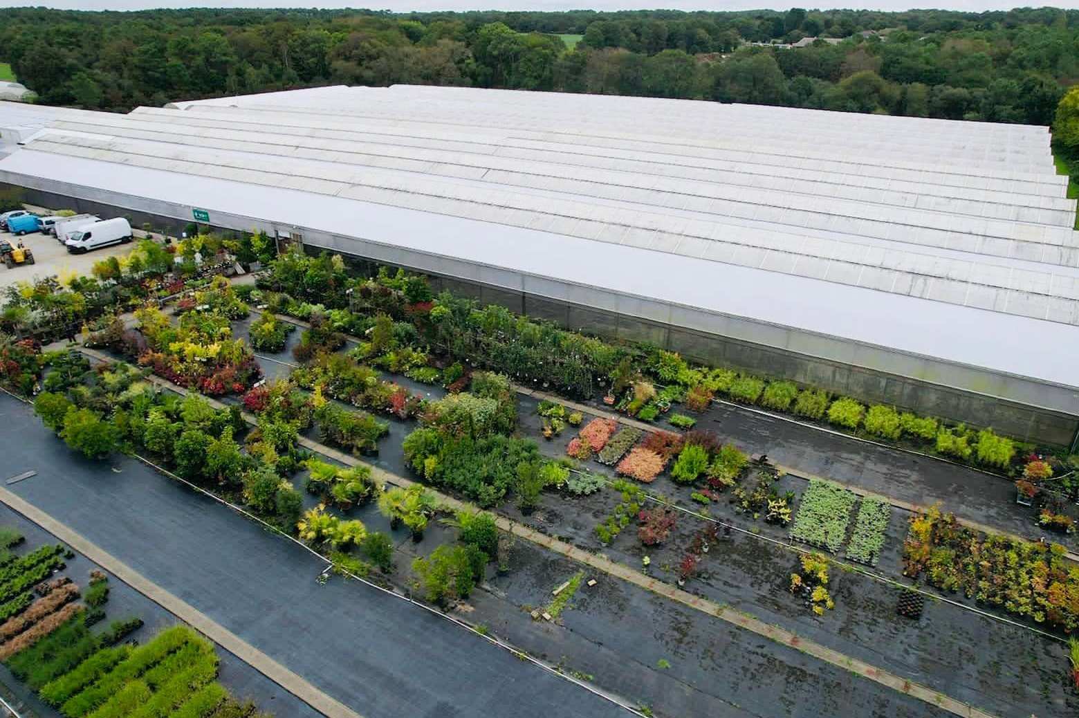 Aerial view of a large film greenhouse beside a flower nursery