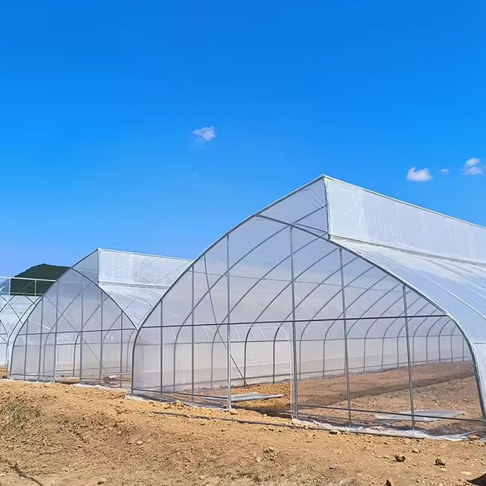 Arched film greenhouse on a bare site with the cover fitted