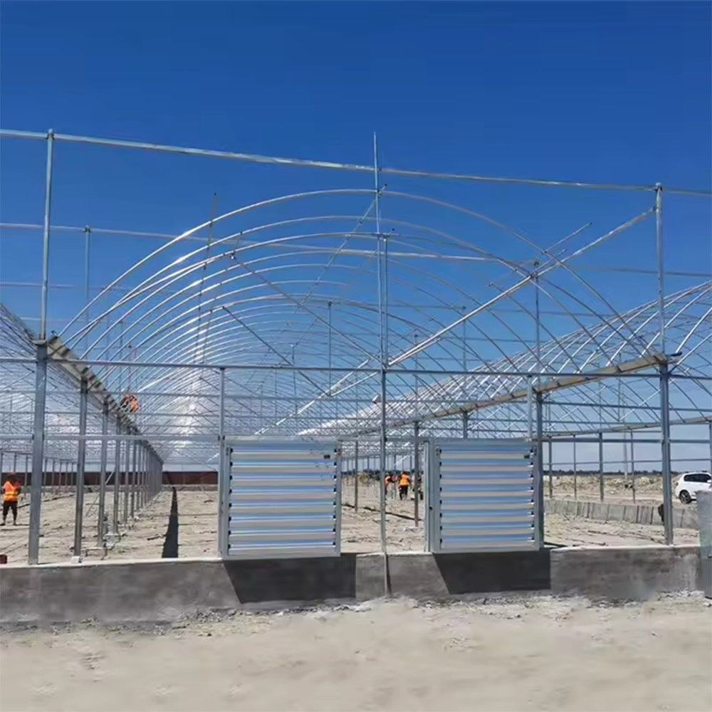 Arched greenhouse frame with louvre panels during construction