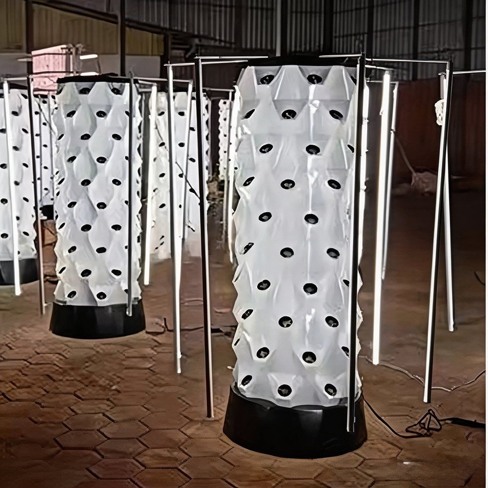 Hydroponic tower frames standing in a growing house