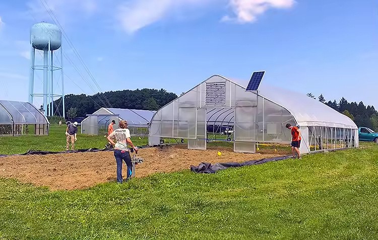 Arch roof tunnel greenhouses and service tower on a farm site