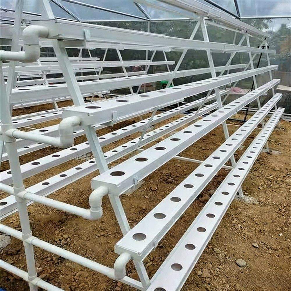 White hydroponic channel frame assembly with feed pipework