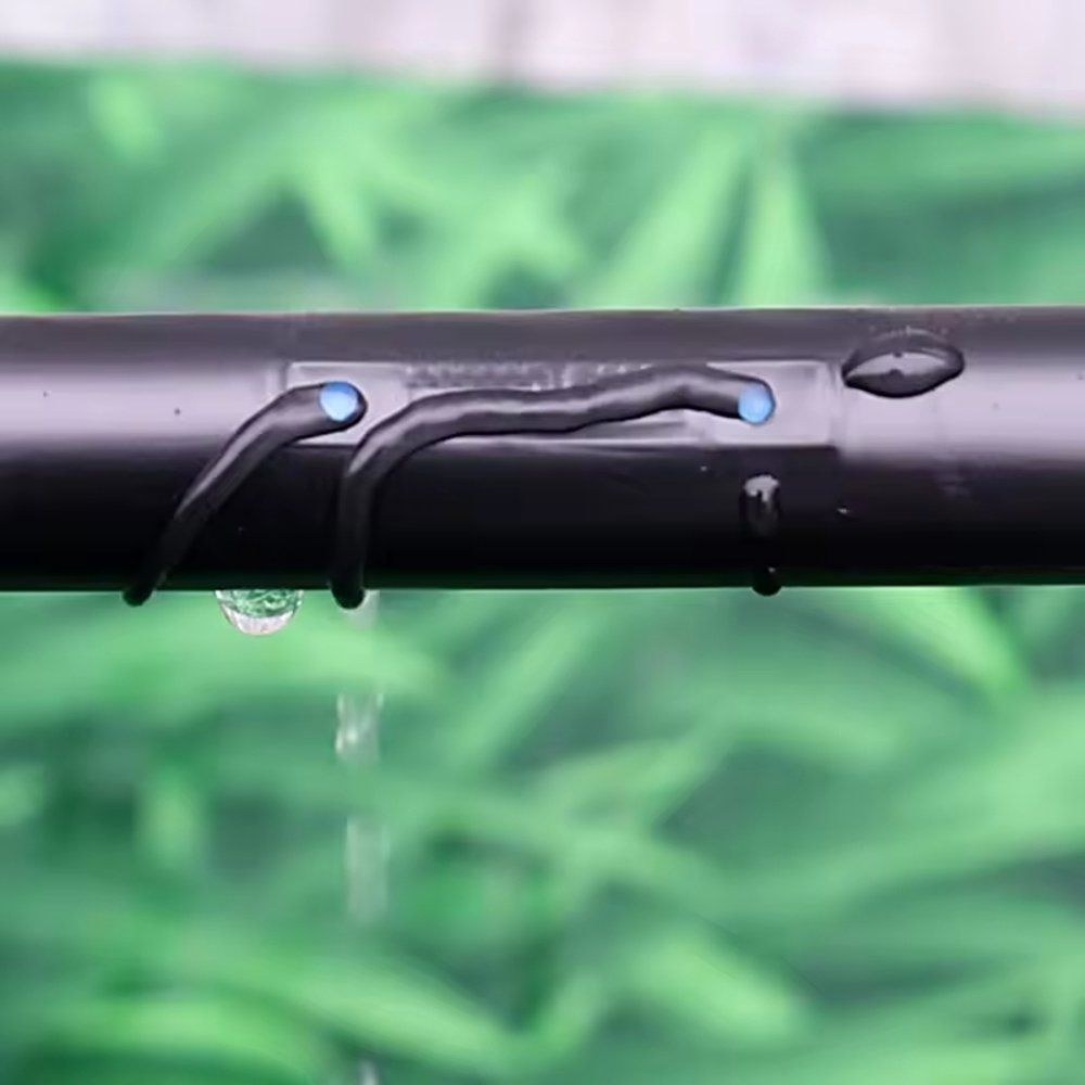 Close view of drip tape releasing water along a crop row