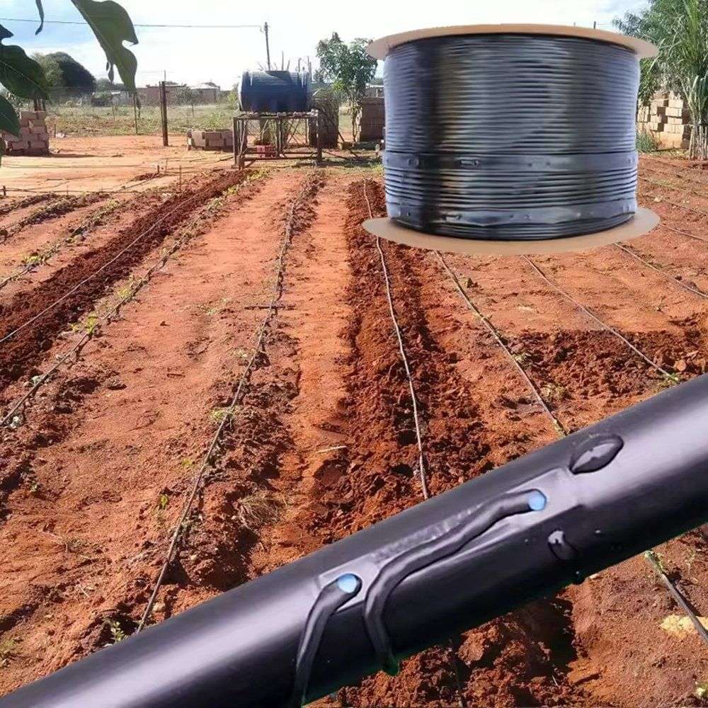 Drip tape installed in red soil beside a reel of replacement tape
