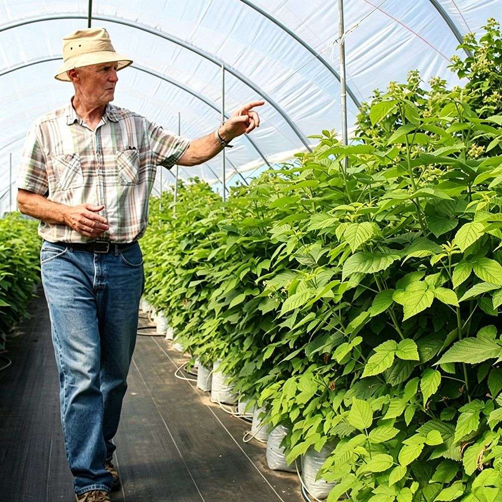 Grower inspecting plants on a bench inside a film covered greenhouse