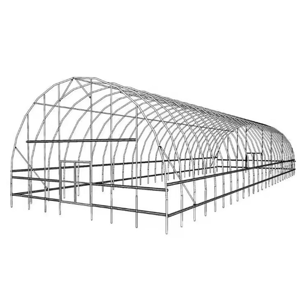 Bare galvanized steel frame of a single span arched greenhouse before the cover is fitted