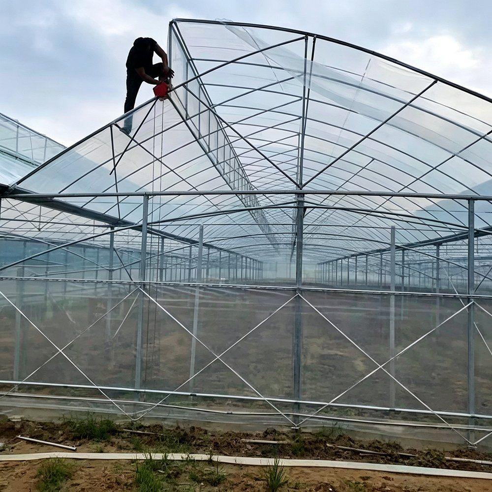 Gothic greenhouse frame bay with workers on the structure