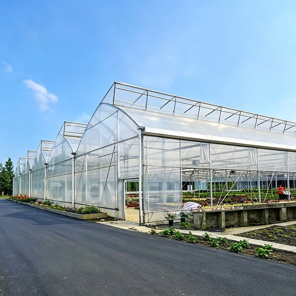Row of gothic roof film greenhouses beside a service road