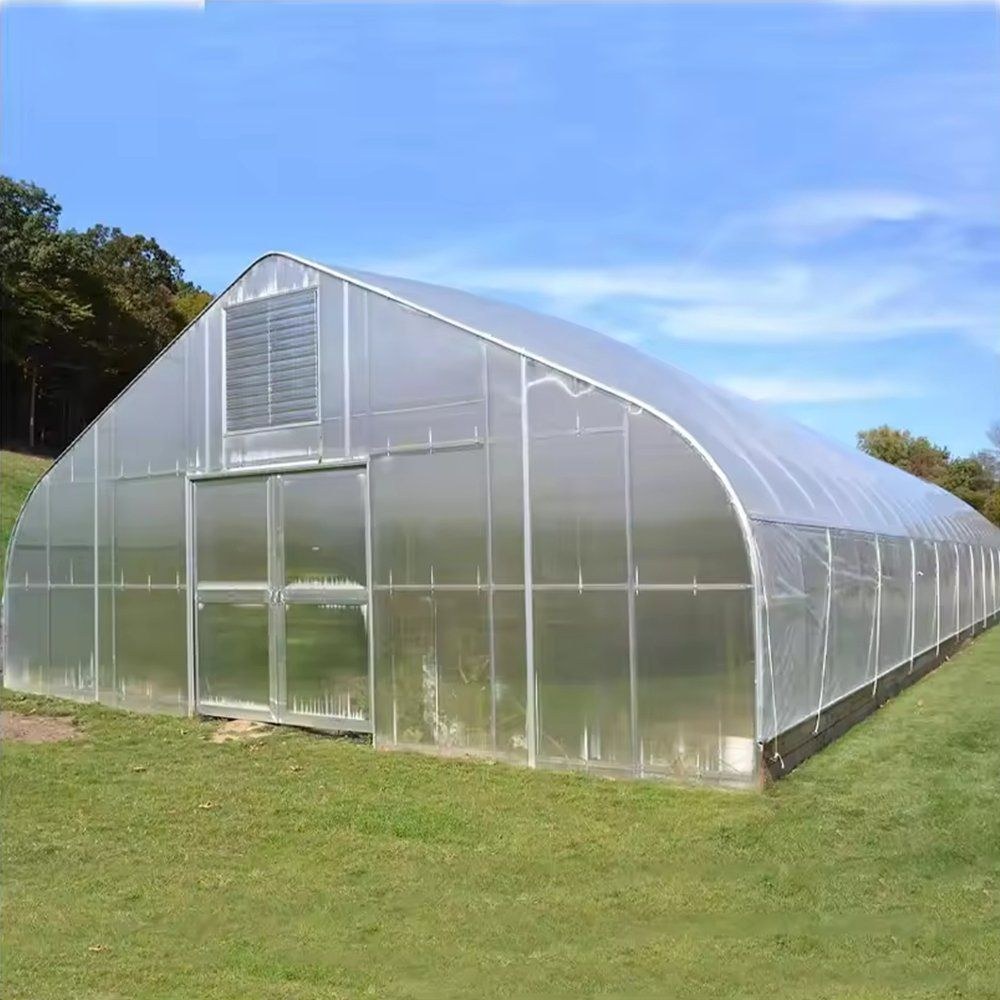 Side of a tunnel greenhouse with roll up side curtain and an end vent