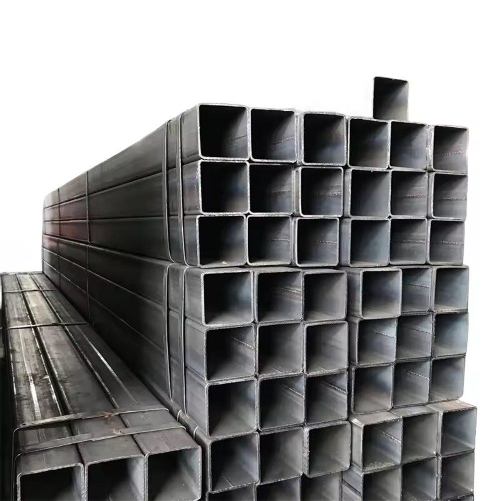 Square galvanized steel tubes stacked with a cut end showing