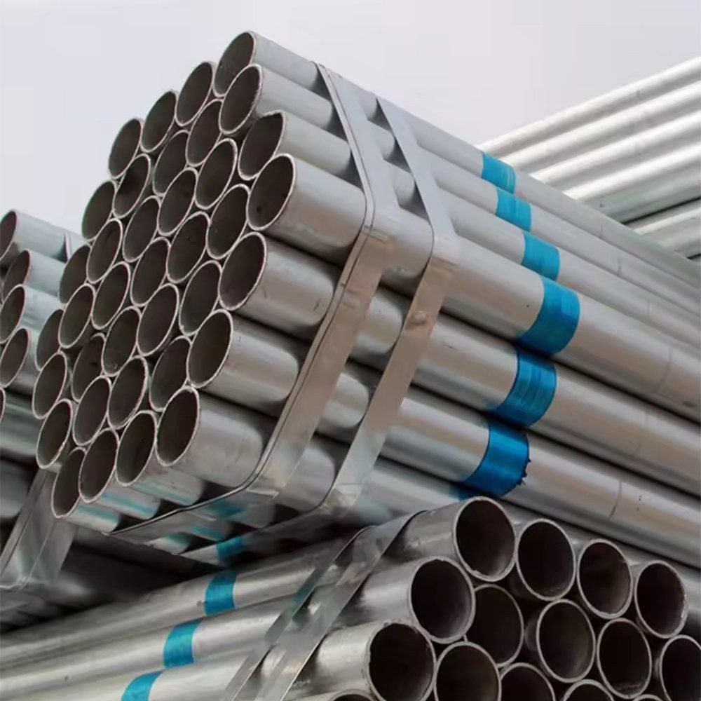 Bundle of galvanized pipe with end caps and blue straps