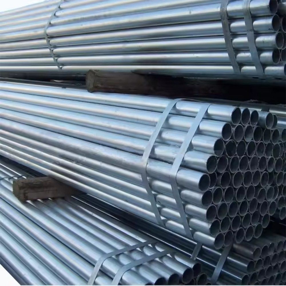 Stacked bundles of galvanized pipe with blue strapping