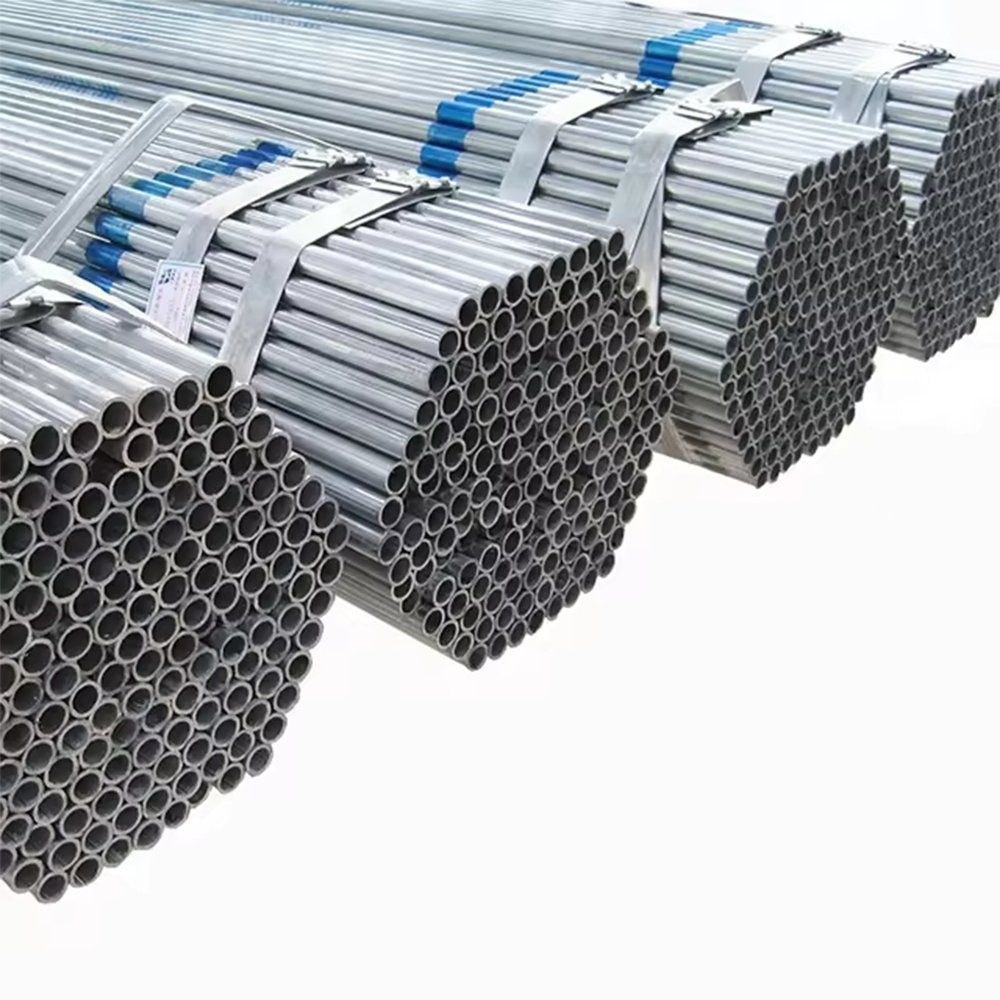 Bundles of galvanized pipe strapped in blue bands