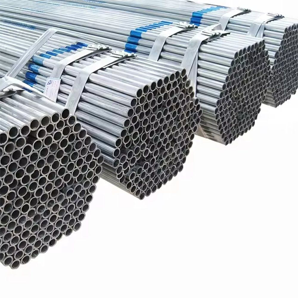 Bundles of large diameter galvanized steel pipe strapped together