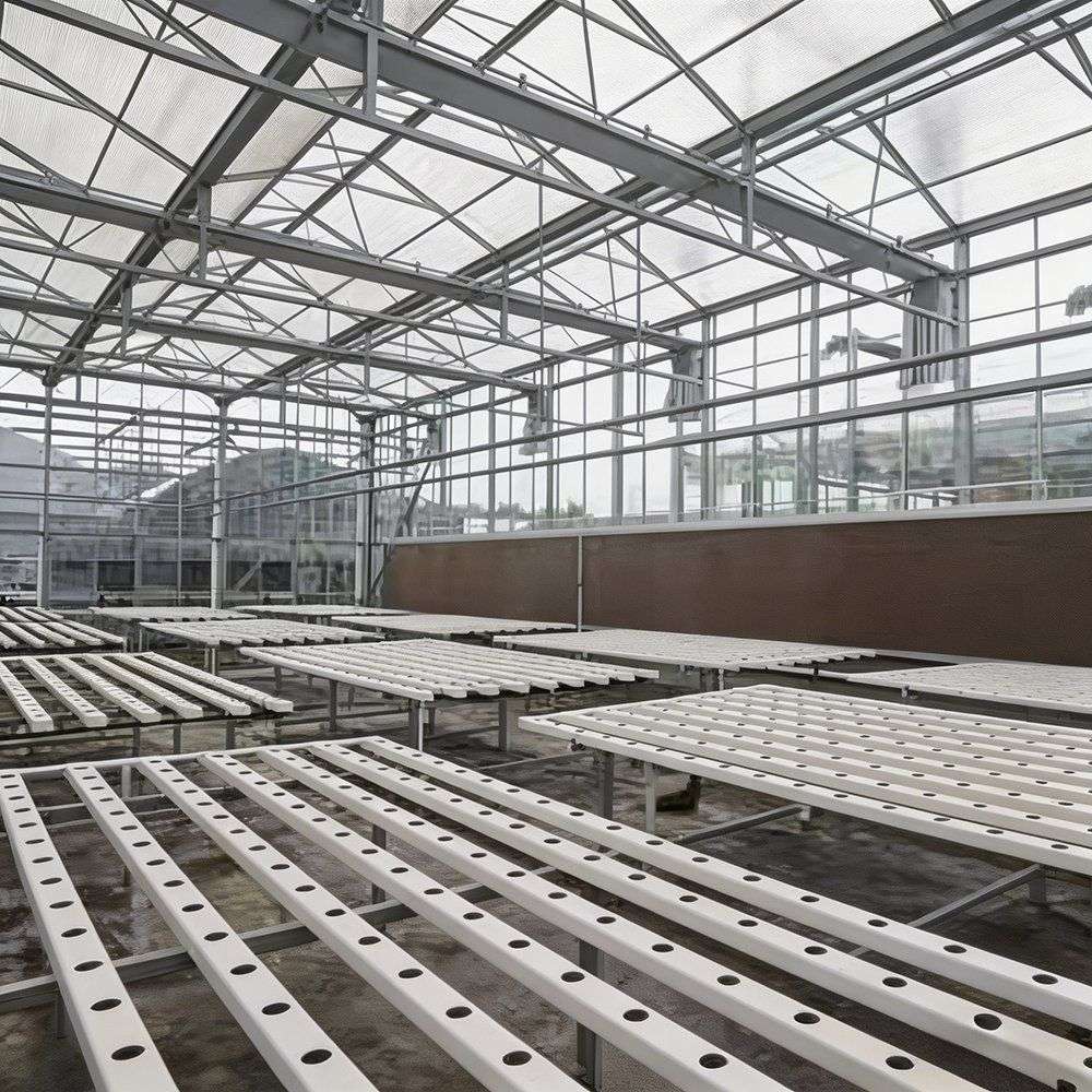 Multi span greenhouse frame interior with rows of growing channels laid out on the floor