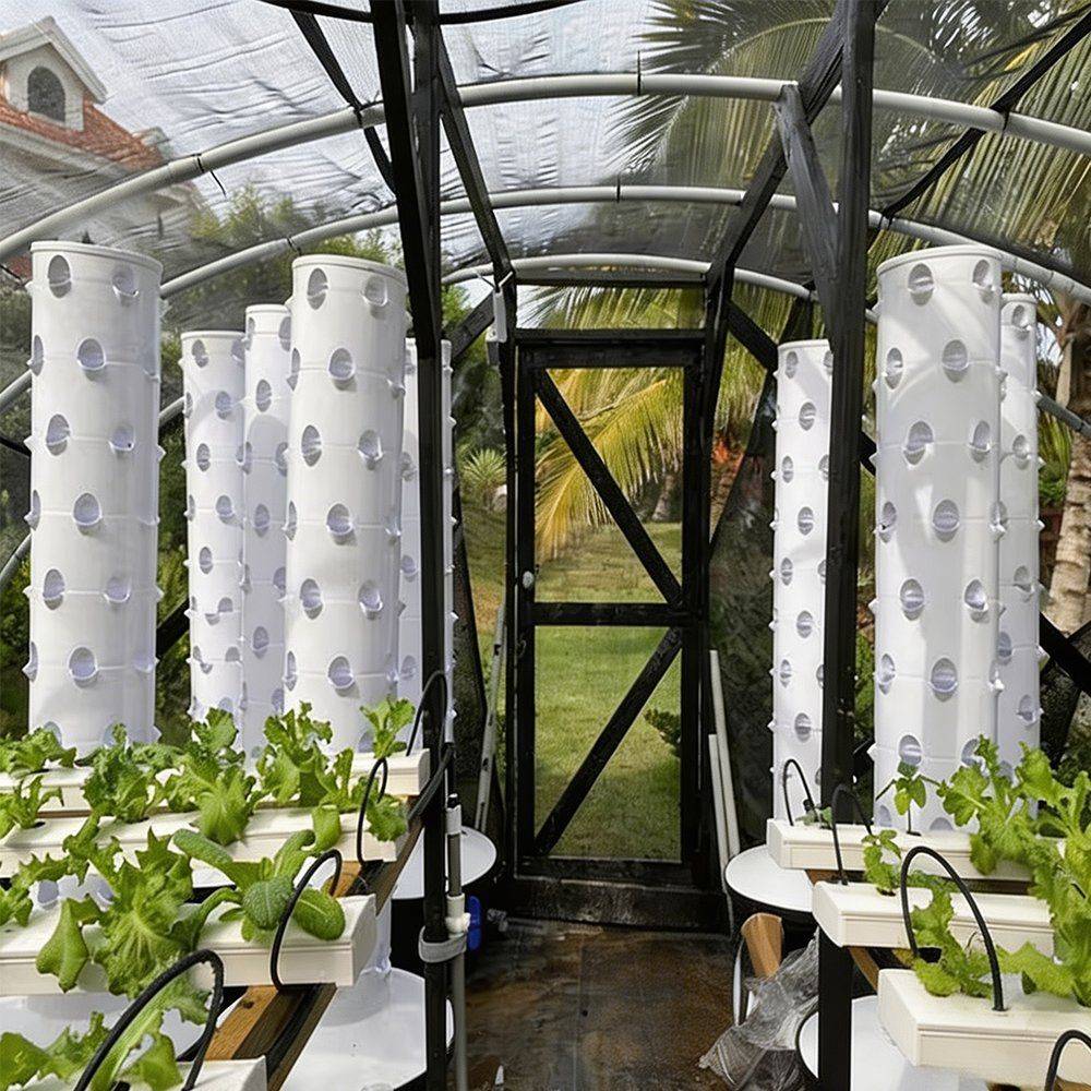 Hydroponic towers inside a greenhouse with a frame behind
