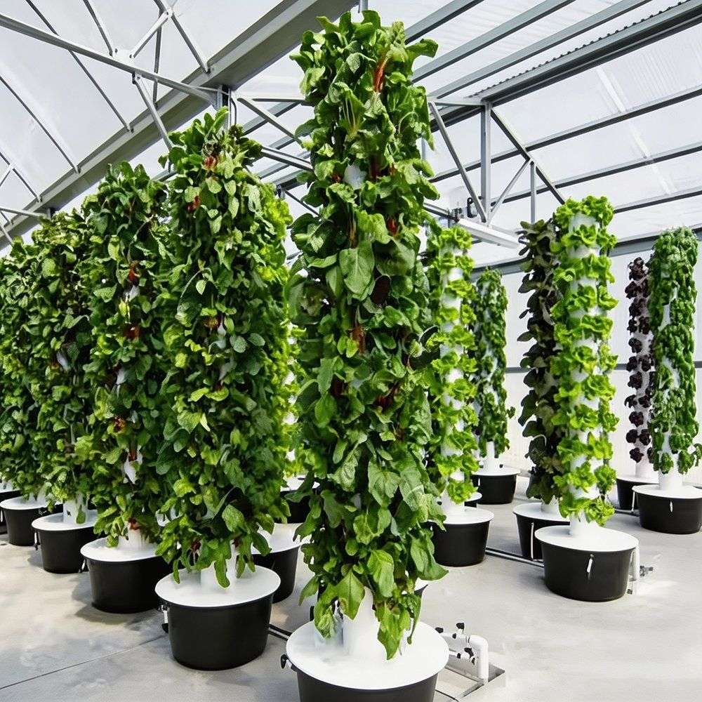 Hydroponic towers with leafy crops and a strawberry plant in front