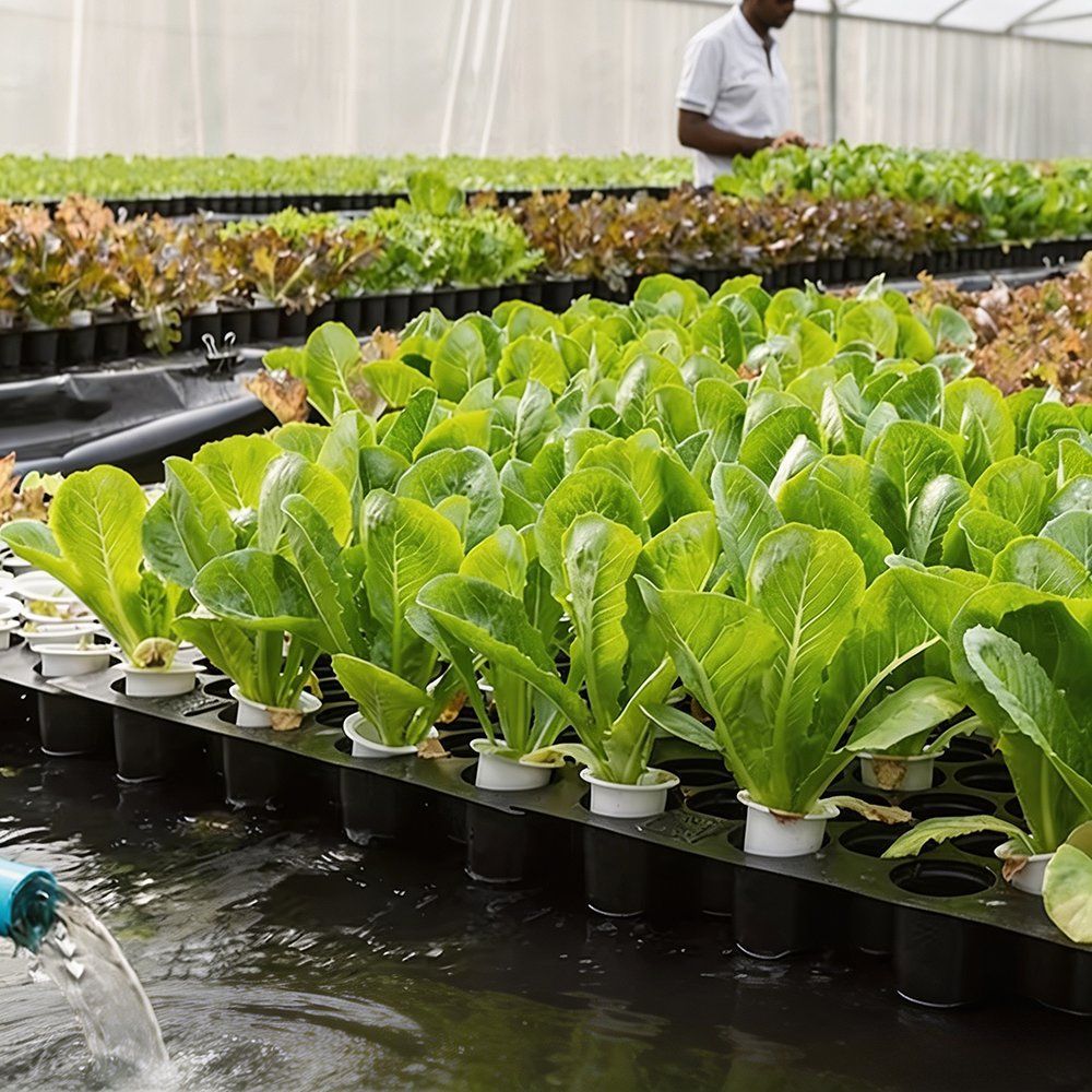 Worker harvesting lettuce from NFT channels in a growing house