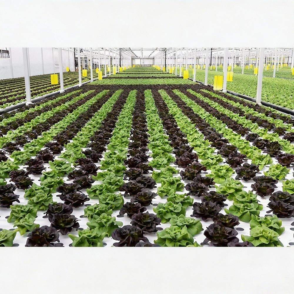 Rows of seedlings in trays on benches inside the growing house