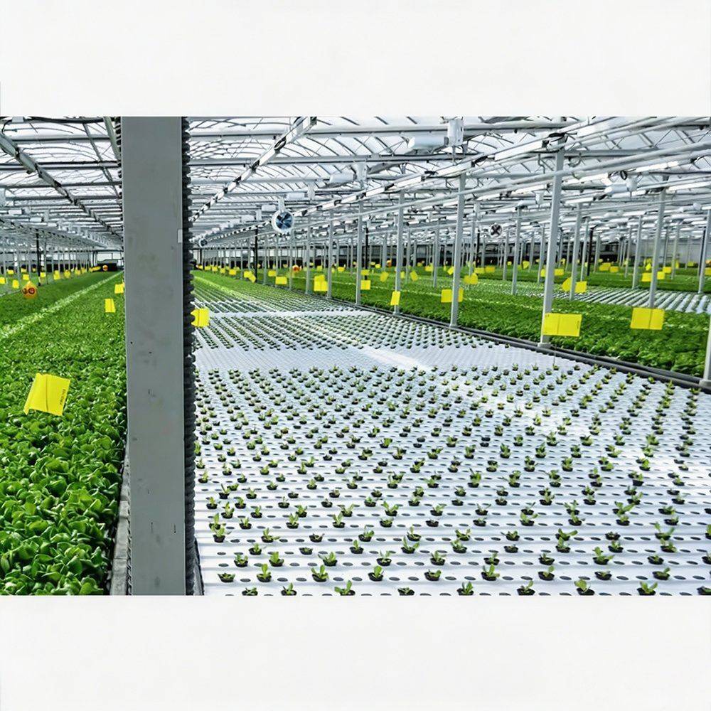 Wide view of a growing house filled with seedling trays in rows