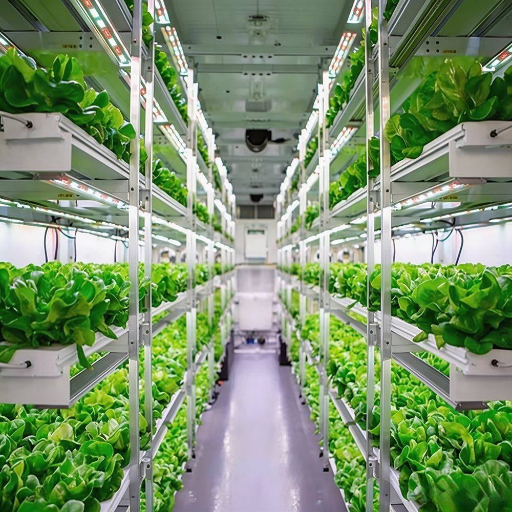 Multi tier growing rack with lettuce and lamps above it