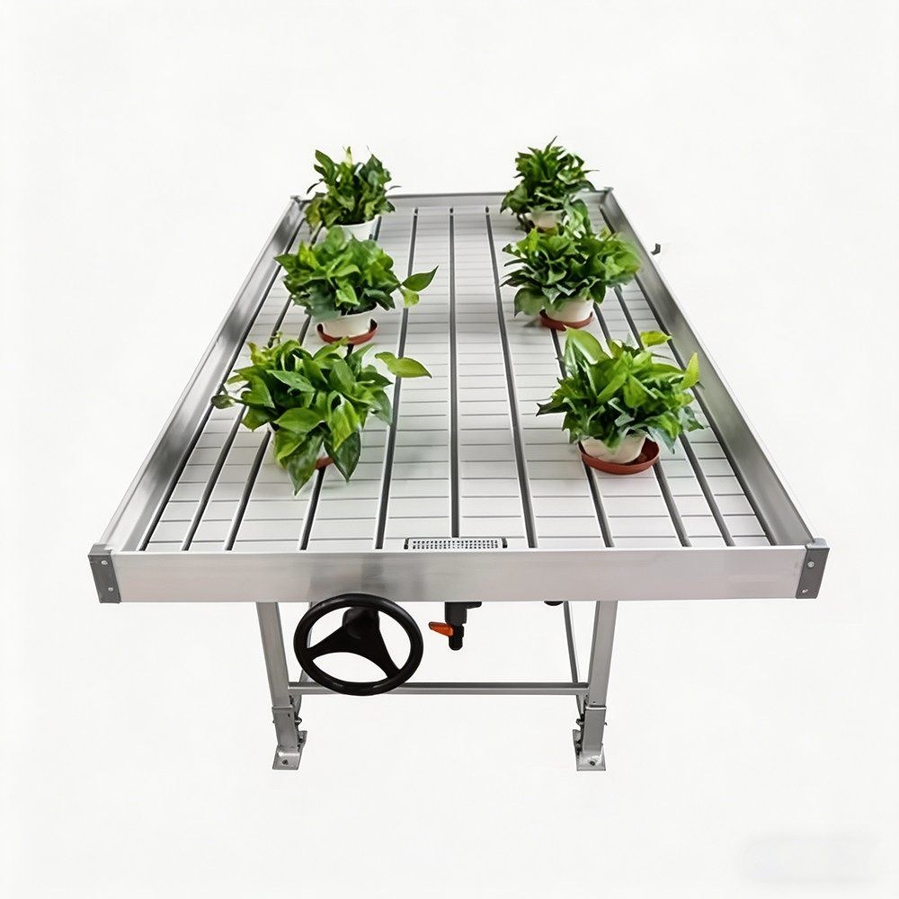 Rolling nursery bench with a moulded tray and plants on a white background