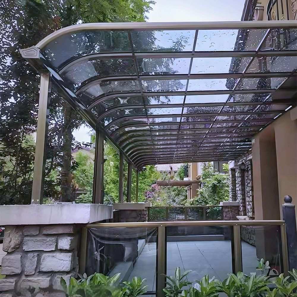 Polycarbonate sheet canopy over an outdoor terrace area