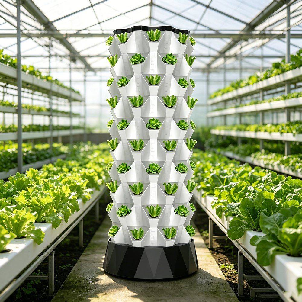 Plant tower standing inside a greenhouse with a crop growing on it