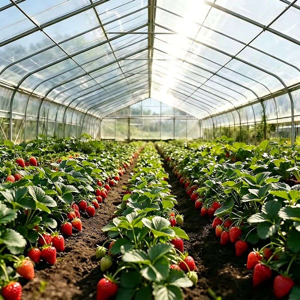 Rows of tomato plants with ripening fruit inside a film greenhouse