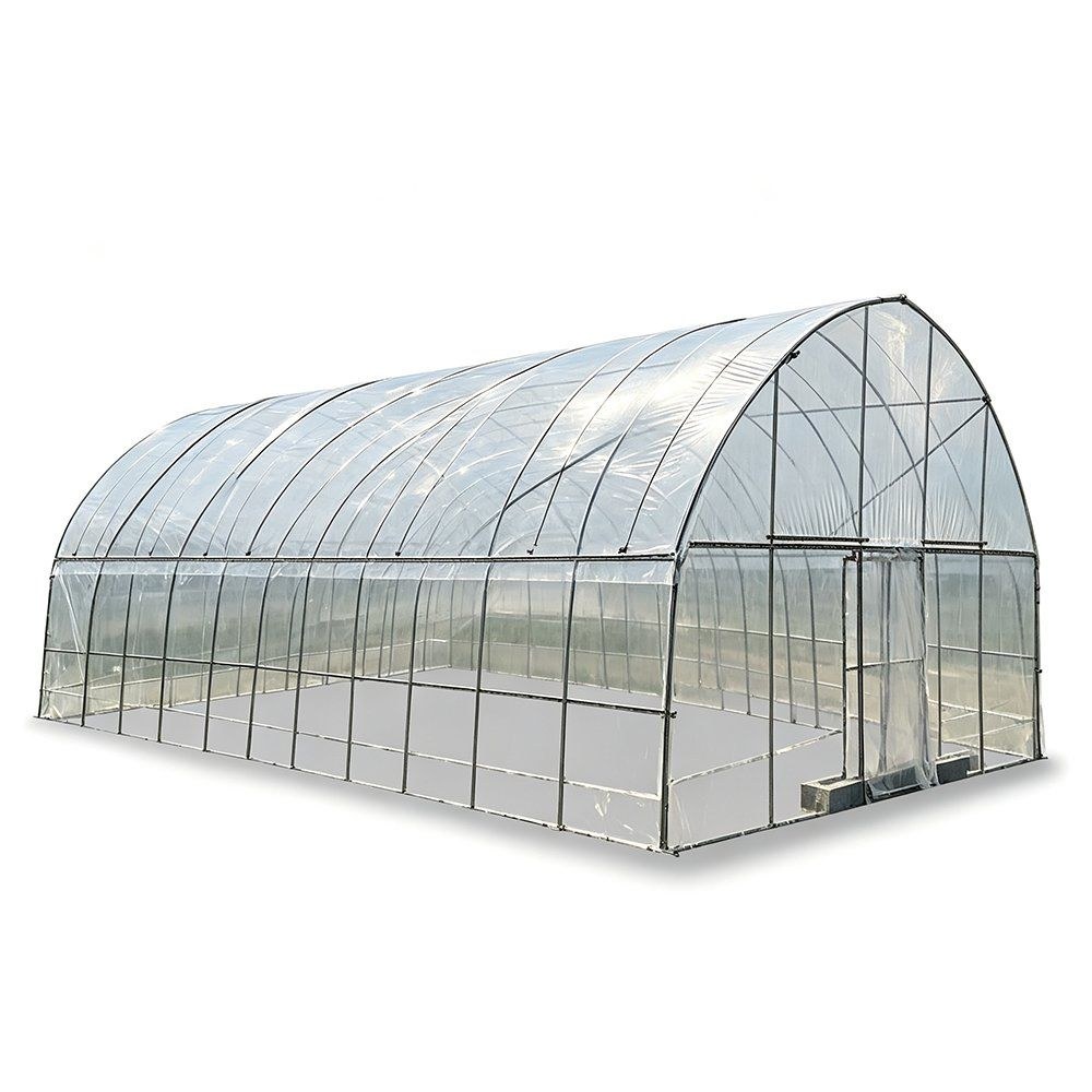 End view of a single span greenhouse with a framed door opening