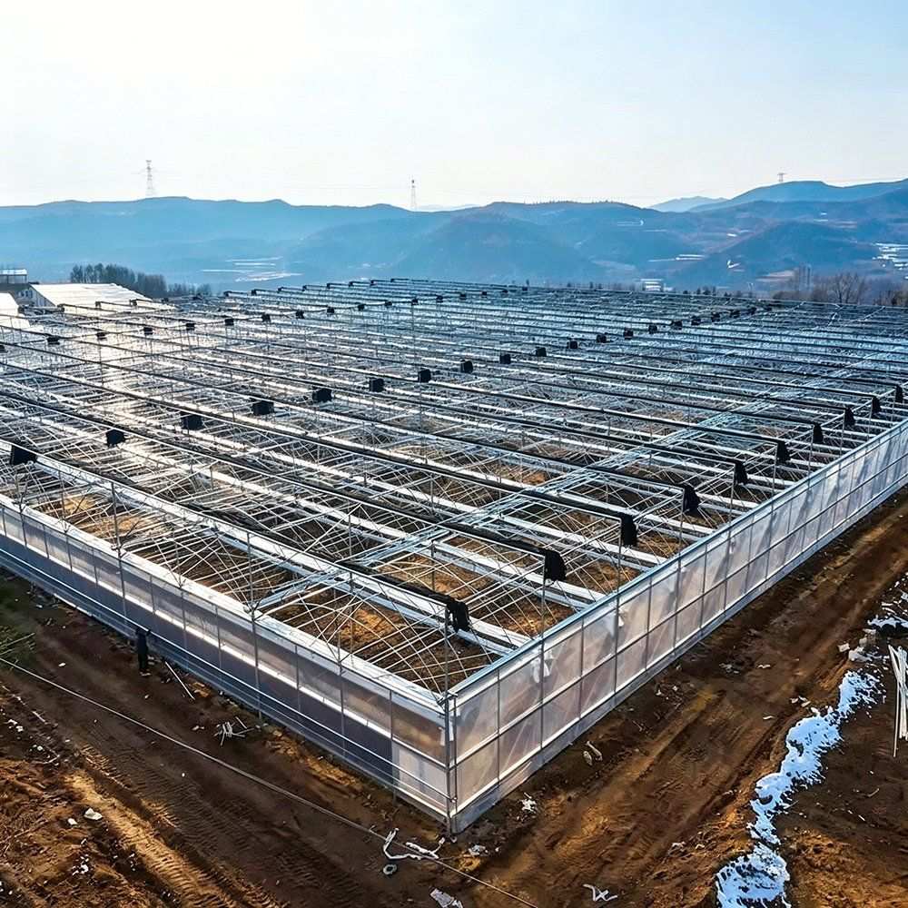 Rows of galvanized frames for film greenhouses under construction