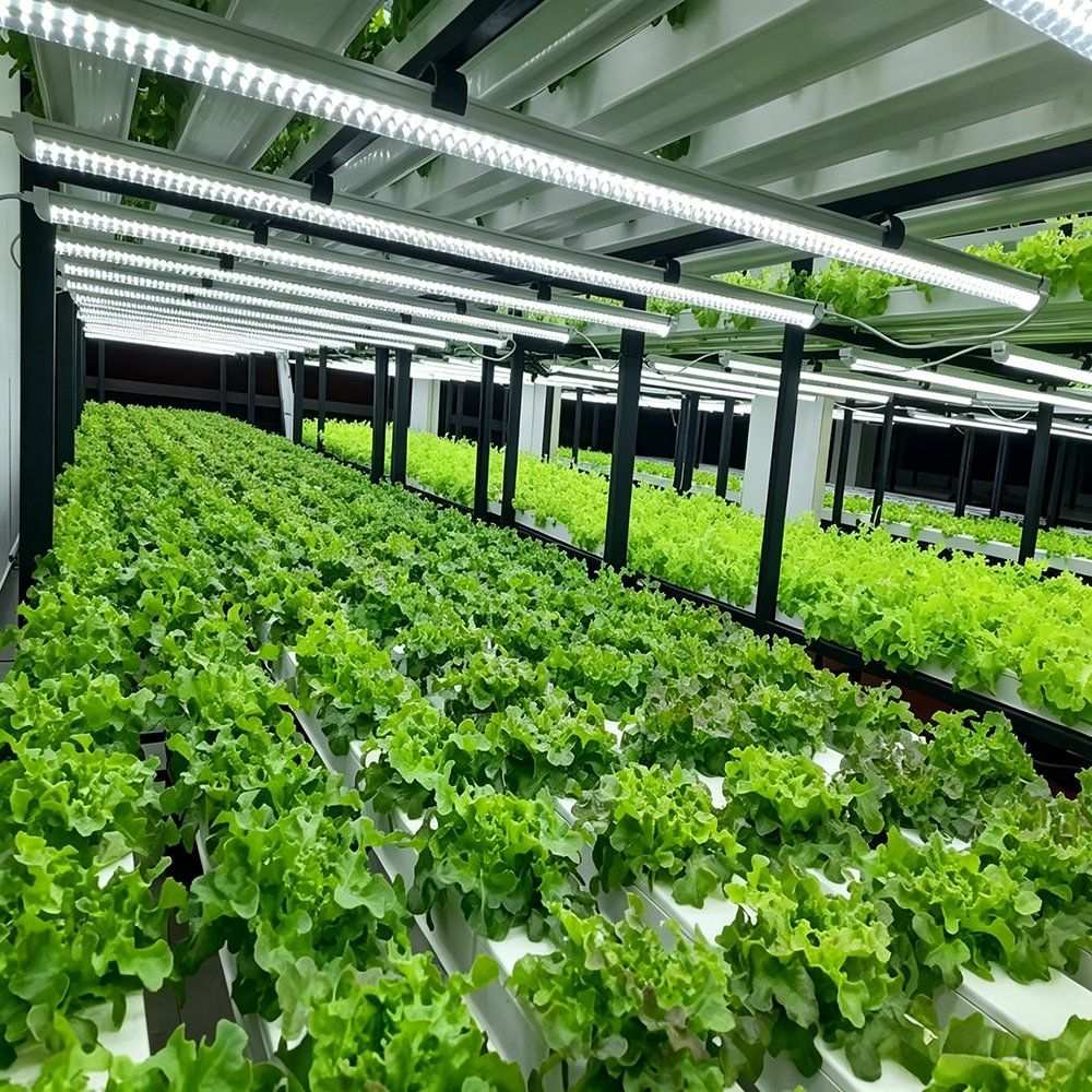 Hydroponic growing bay lit by LED bars above white channels