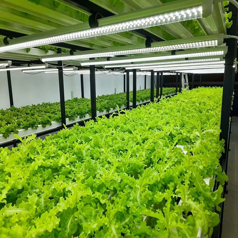 Lettuce crop growing under LED bars in a hydroponic bay