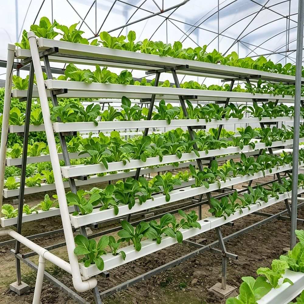 Tiered hydroponic rack holding lettuce seedlings in a growing house