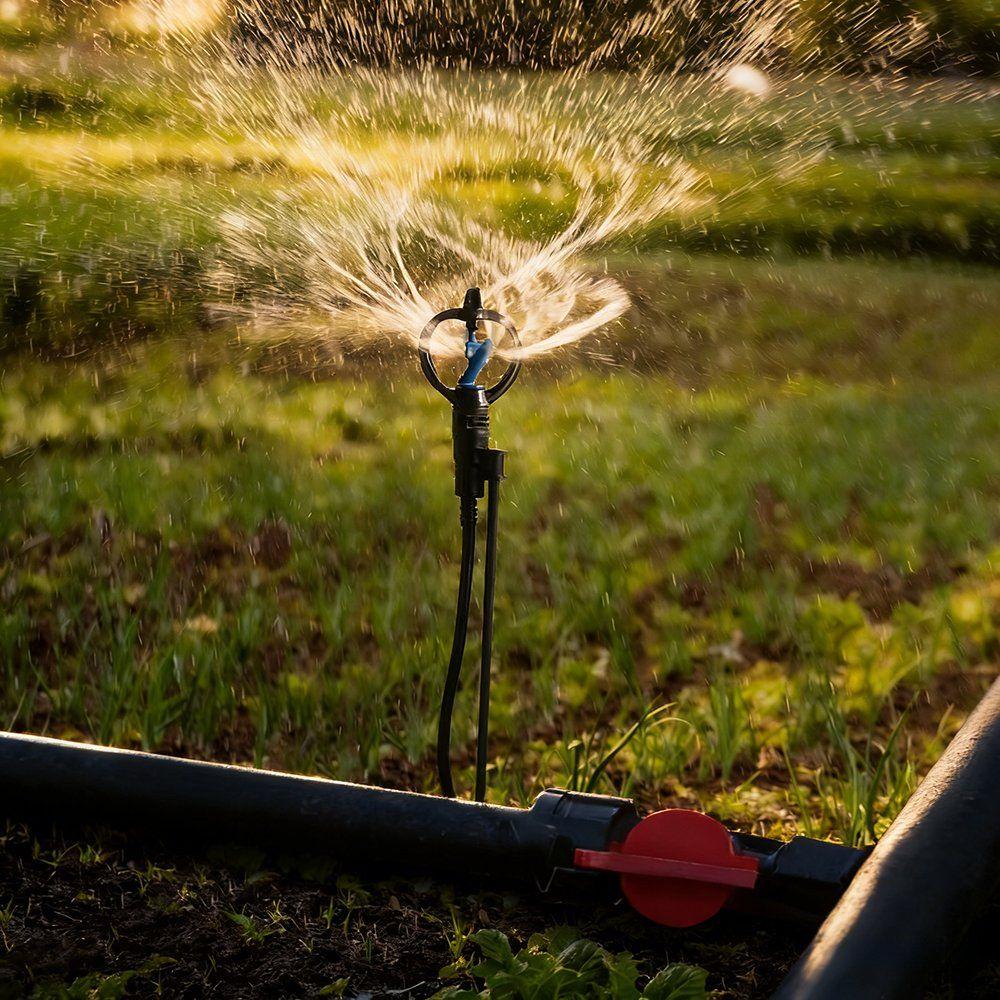 Rotating micro sprinkler throwing a fine spray over a crop row
