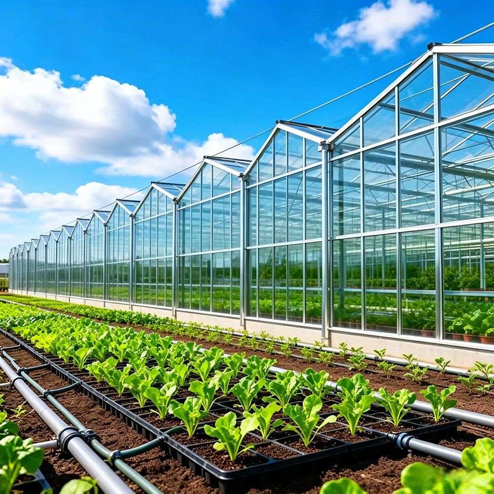 Steel framed greenhouse standing beside a field of lettuce rows